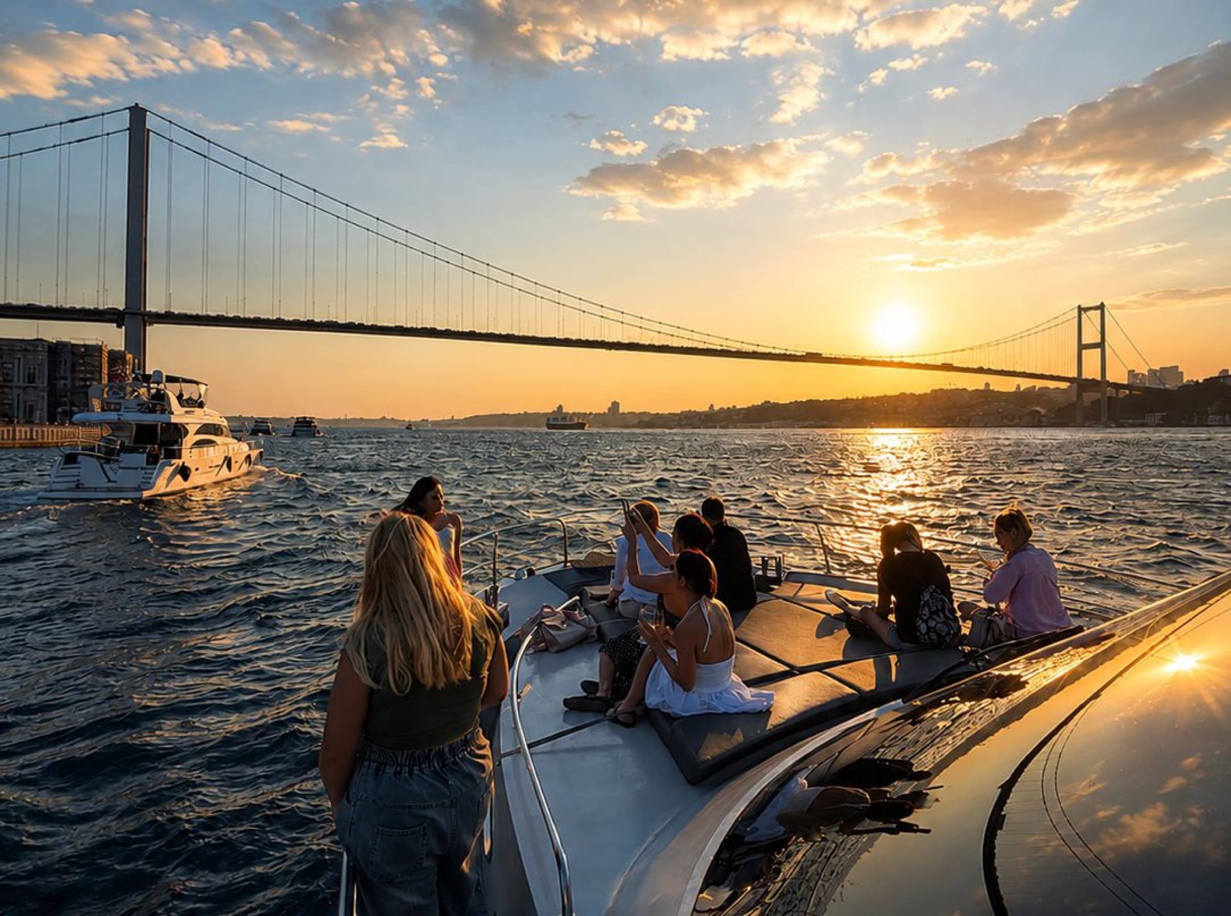 Cruising under the Bosphorus Bridge at sunset