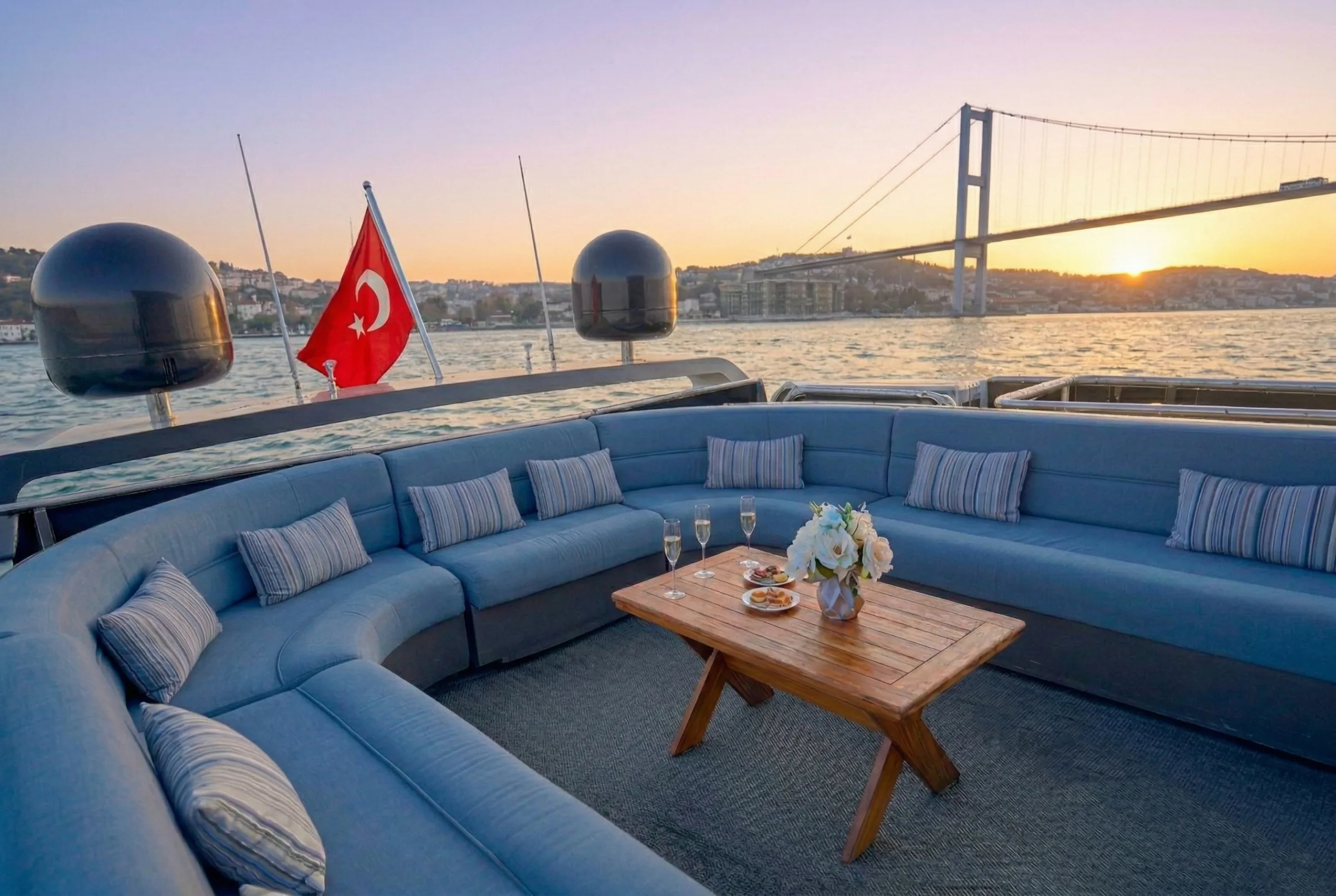 Upper deck lounge at sunset with champagne, Bosphorus Bridge in view