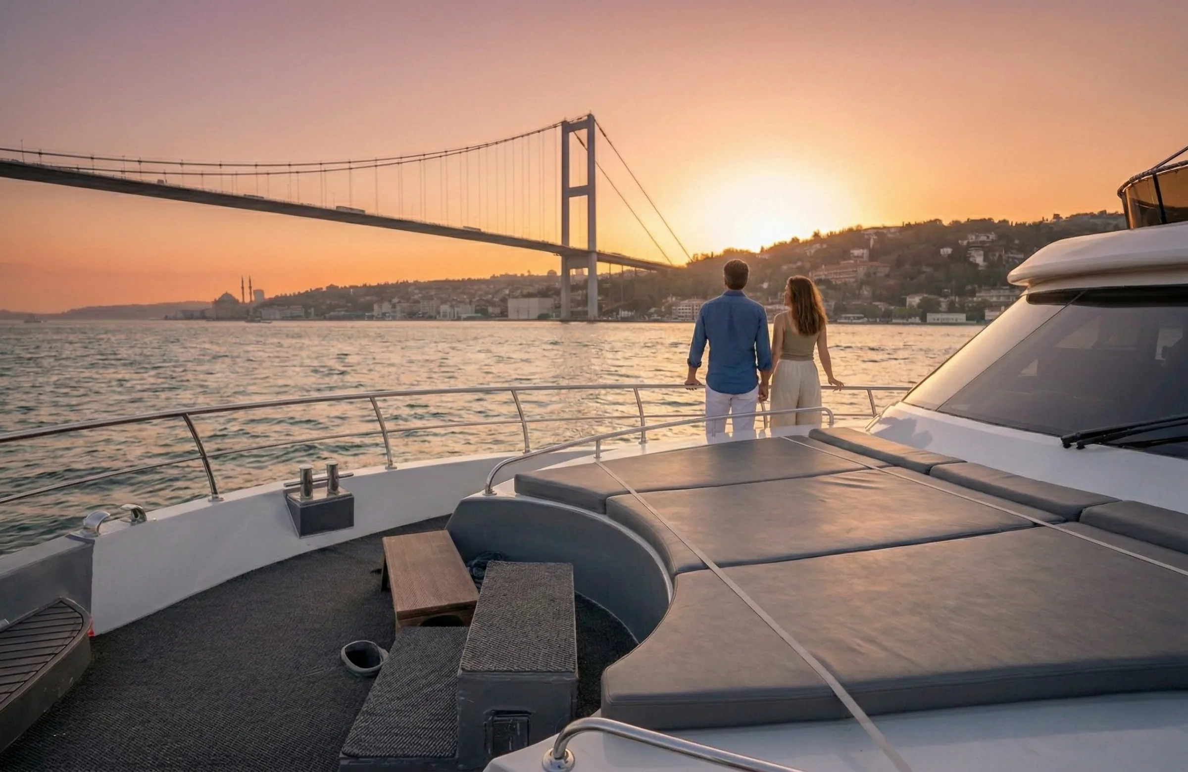 Couple at the bow at sunset, Bosphorus Bridge ahead