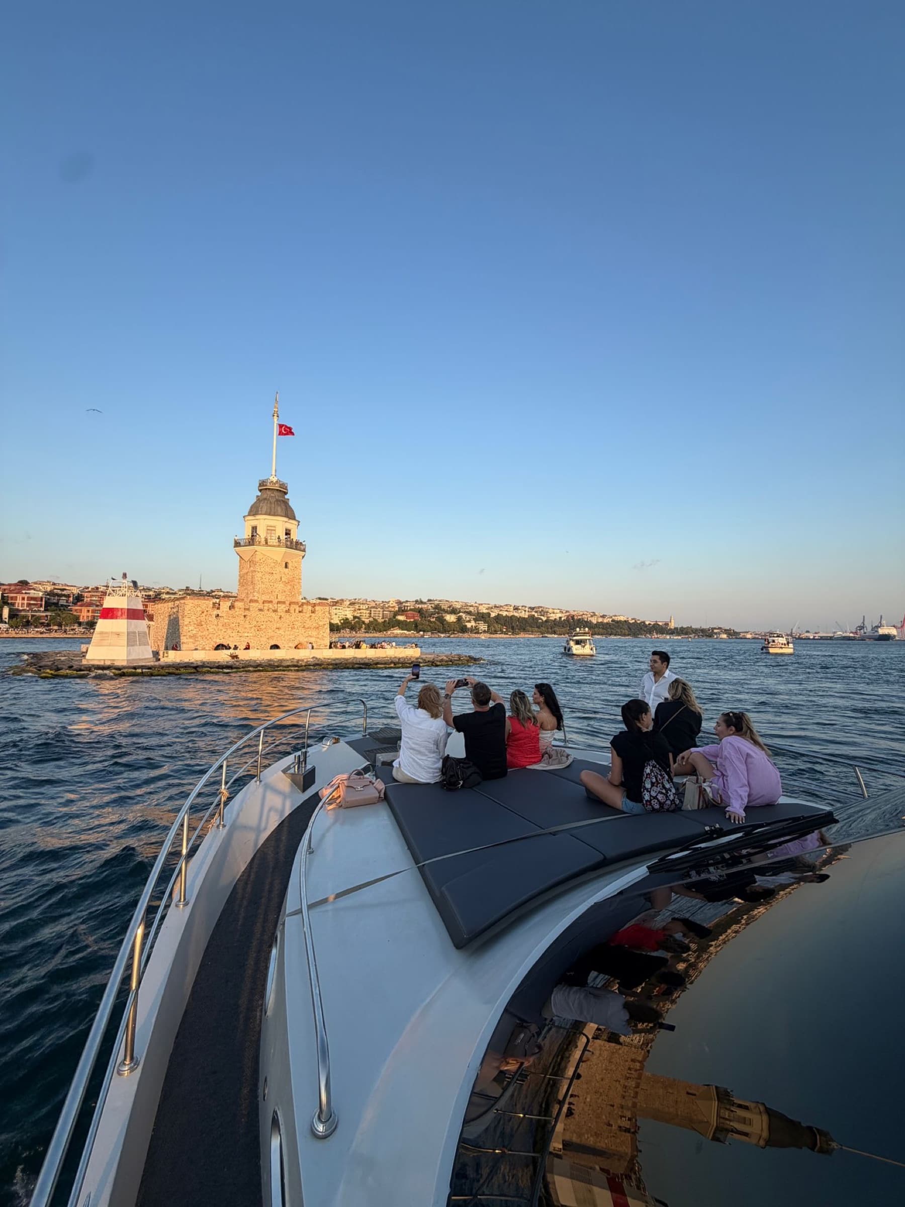 Guests on the bow at sunset, Bosphorus Bridge in the distance